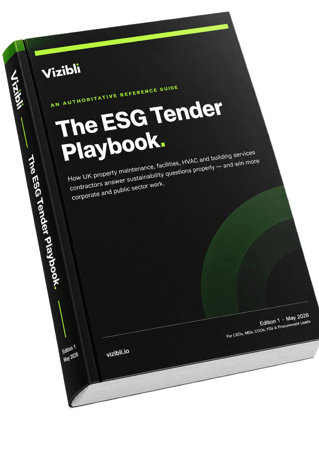 The ESG Tender Playbook, a black book with a green spine